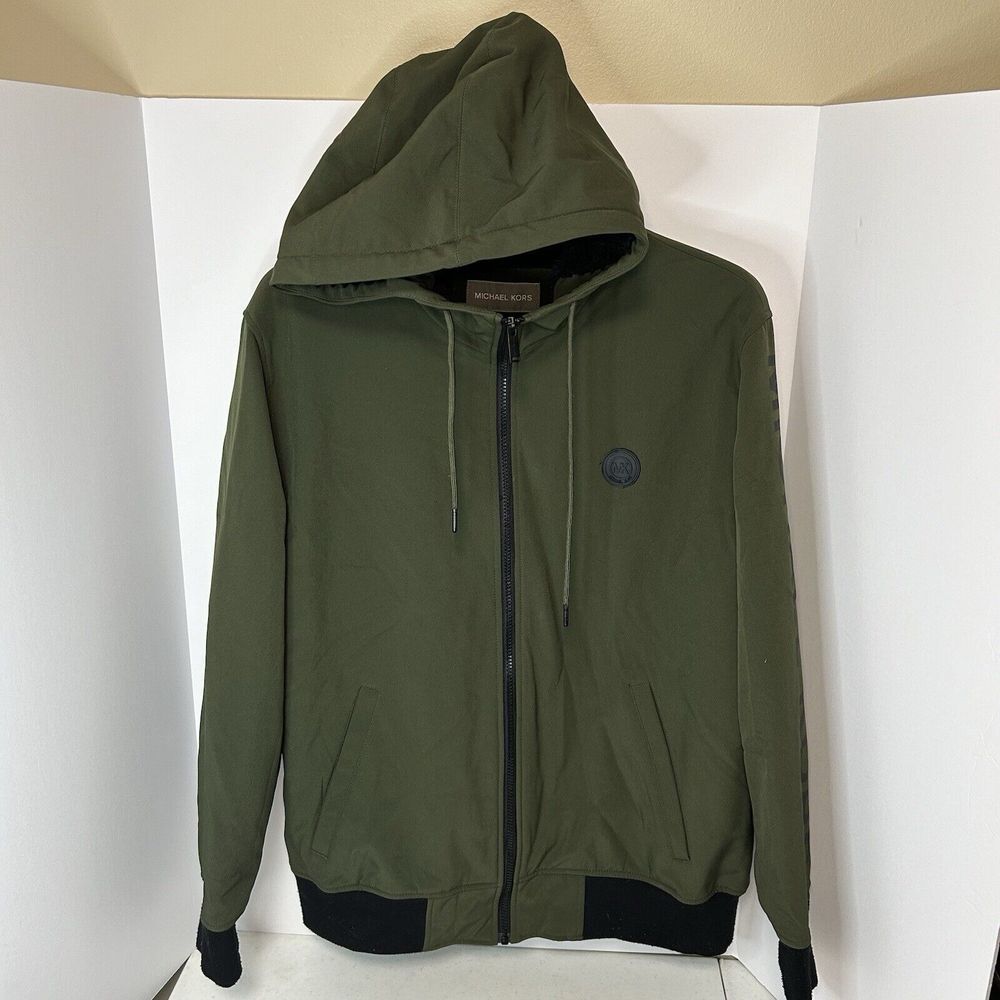 Michael Kors Full Zip Big‎ Logo Hooded Jacket Size L Green Fleece Lined